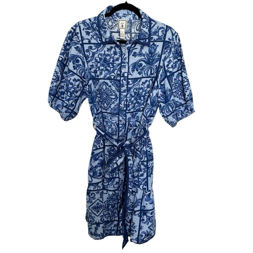 LÉA Linen Blend Short Sleeve Floral Mini Shirt Dress Size L button front closure